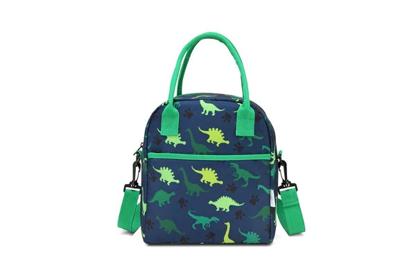 Vaschy Everyday Essential lunch bag with navy dinosaur print, green handles and front zipper pocket.