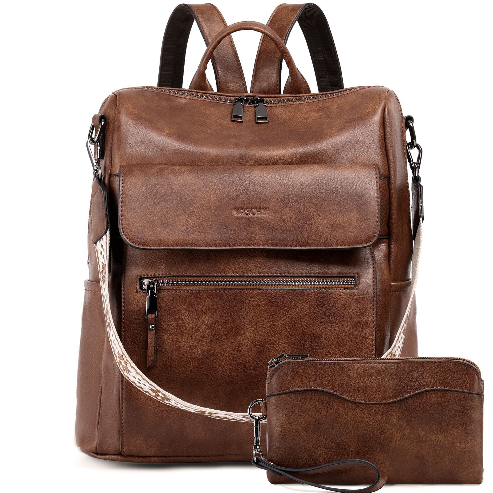 brown vegan leather backpack purse THREE BOX Backpack, Equipped with five exterior and six interior pockets MKF Collection Romana Vegan Leather