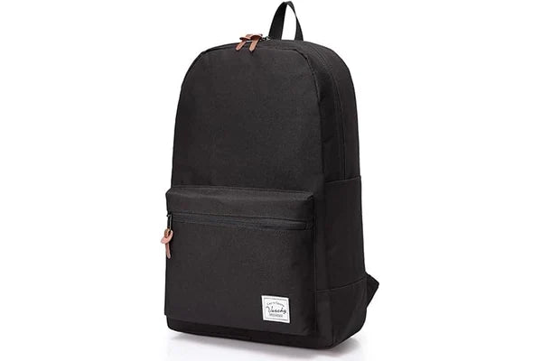 Black Vaschy Best Pop Daypack with front zip pocket, brown zipper pulls and woven brand label.