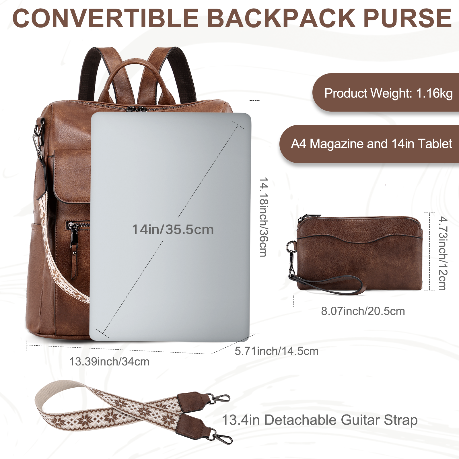Large Vegan Leather Backpack Purse with Wallet Pouch Set Convertible Handbag for Ladies Guitar Strap Brown