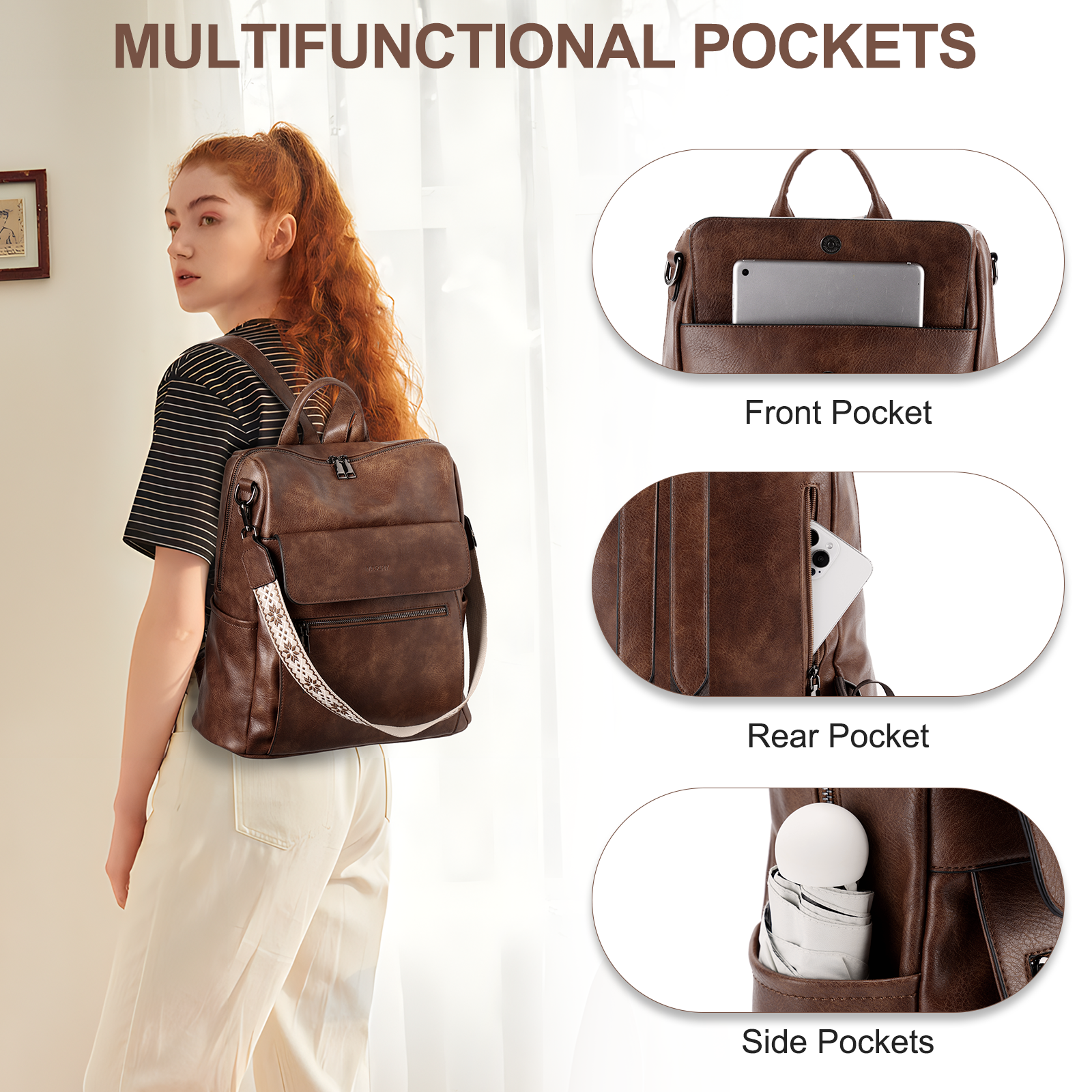 Large Vegan Leather Backpack Purse Set with Wallet, Adjustable Straps, 9 Genuine Leather Diaper Bag Backpack - La Mère Original Luxe  main image 4