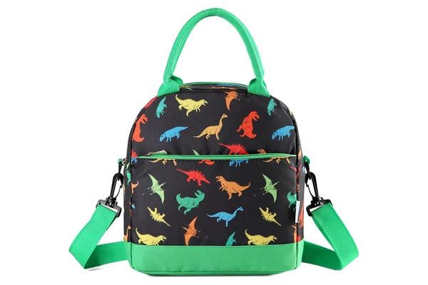 Vaschy School Daycare lunch bag with colorful dinosaurs on black fabric, green handles and front zipper pocket.