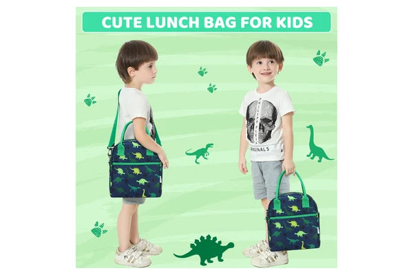 Official Vaschy photo showing a child carrying the dinosaur-print Everyday Essential lunch bag by its handle and shoulder strap.