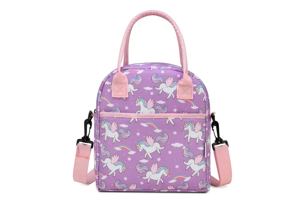 Purple unicorn-print Vaschy Everyday Essential lunch bag with pink handles and front zipper pocket.